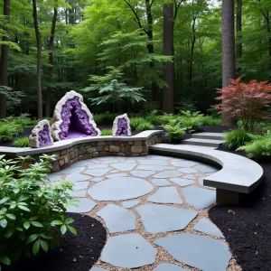 Crystal Cave Grotto - A concrete patio with crystalline formations and geode-inspired inlays. Shade-loving plants including painted ferns and heuchera create mysterious undergrowth. Concrete seating resembles crystal formations with LED core lighting. Amethyst and quartz specimens accent planting areas.