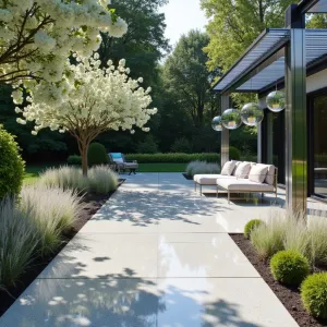 Crystal Garden Pavilion - A high-gloss stamped concrete patio with crystal aggregate that catches light. White flowering dogwood and crystal grass create ethereal movement. Mirrored steel pergola with hanging glass orbs. Modern acrylic furniture with iridescent cushions.