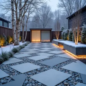 Crystalline Frost Garden - A geometric concrete patio with crystal-like angular cuts filled with luminescent stones. White birch trees provide vertical accent while winter heath and snow-in-summer create ethereal ground cover. Angular concrete benches with heated surfaces feature LED underlighting. Frosted acrylic privacy screens complete the ice palace effect.