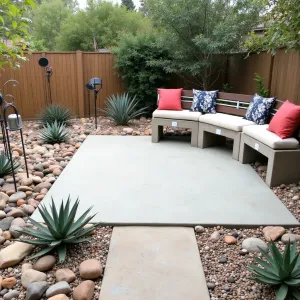 Desert Budget Oasis - A simple concrete pad surrounded by rock garden featuring drought-resistant succulents and agave plants. Painted concrete blocks create casual seating, topped with weather-resistant cushions. Repurposed metal sculptures and solar stake lights add artistic touches.