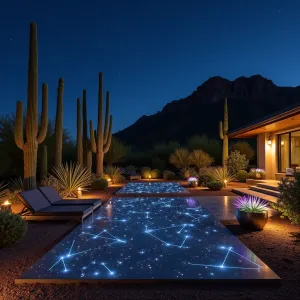 Desert Constellation Court - A midnight black concrete patio with embedded fiber optics creating constellation patterns. Tall saguaro cacti and barrel cactus provide desert structure. Floating concrete star-viewing platforms with reclining surfaces. Metallic planters with night-blooming cereus.