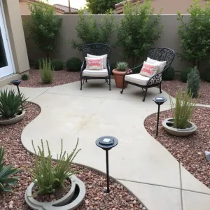 Desert Minimalist Corner - A triangular concrete patio with subtle sandy texture. Low-maintenance succulents and desert spoon plants in simple concrete bowls. Basic metal chairs with southwestern pattern cushions. Solar lanterns provide evening illumination.