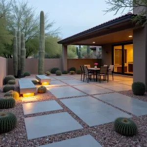 Desert Modern Concrete Layout - A seamless concrete patio with integrated desert landscaping. Large concrete squares interspersed with decorative gravel and striking cacti. Modern metal furniture and built-in concrete benches with LED underlighting.