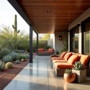 Desert Modern Sanctuary - A climate-controlled concrete patio under deck featuring desert-inspired design elements. Integrated misting system provides cooling while architectural succulents and agave in geometric concrete planters add drama. Modern lounge seating with copper accents and terra cotta cushions complements the desert theme.