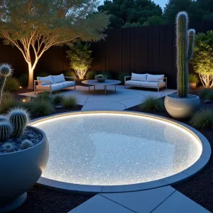 Desert Moonscape - A circular concrete patio with embedded luminescent aggregates that glow at night. White gaura and silver desert spoon create ethereal movement around the edges. Modern concrete globe planters contain various barrel cacti. Low-profile metal furniture in metallic silver finish.