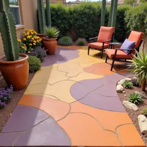 Desert Sunset Path - A warm-toned concrete patio painted with abstract sunset patterns in terra cotta, gold, and purple. Desert marigold and purple verbena provide natural color echoes, while painted concrete vessels contain architectural agave and barrel cactus. Simple metal furniture in burnished copper tones complements the desert theme.