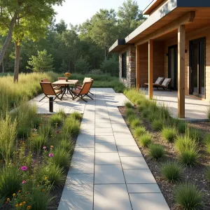 Eco-Modern Prairie Style - A permeable concrete patio system with integrated rainwater collection. Native prairie grasses and echinacea border the space naturally. Sustainable bamboo and recycled plastic furniture in earth tones. Solar-powered bollard lighting marks the perimeter.