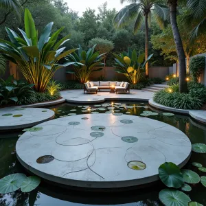 Floating Lily Pad Plaza - A circular concrete patio with lily pad impressions creating a floating effect, surrounded by water channels. Giant elephant ears and papyrus create tropical drama while water lilies float in the integrated pools. Elevated concrete seating platforms appear to hover above the water. Glass fiber illumination creates ethereal evening ambiance.