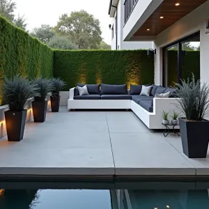 Floating Linear Concrete Haven - A contemporary elevated concrete patio with a floating appearance, featuring clean lines and cantilevered edges. Illuminated steel planters contain black mondo grass and silver foxtail ferns. Minimalist white outdoor sectional with charcoal cushions, bordered by vertical garden walls of preserved moss.