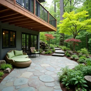 Forest Canopy Lounge - A nature-inspired concrete patio under deck space with leaf-pattern stamped surfaces. Japanese maples in elevated planters create an intermediate canopy while forest floor ferns provide ground coverage. Organic-shaped concrete seating with moss-green cushions and integrated butterfly houses encourage wildlife.