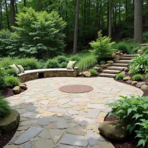 Forest Glade Sanctuary - A stamped concrete patio with leaf fossil impressions and woodland texture. Japanese forest grass and shade-loving ferns create natural borders. Concrete boulder seating with moss-green cushions. Copper rain chains and mist features add water elements.