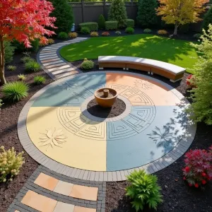 Four Seasons Courtyard - A quartered concrete patio with each section textured and colored to represent a different season. Japanese maples, witch hazel, and seasonal bulbs provide year-round interest. Concrete seating walls feature seasonal motifs in relief. Central four-way fountain marks the quarters' intersection.