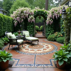 Heritage Stone Mosaic Garden - A richly textured stamped concrete patio featuring an intricate mosaic pattern inspired by Victorian tiles. Climbing hydrangeas and wisteria cascade from wrought iron arches. English box hedges frame the space, with vintage copper lanterns and a distressed bronze sundial. Antique-style cast iron furniture with sage green cushions.