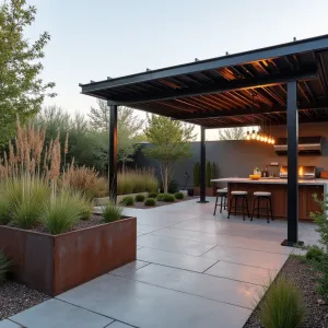 Industrial Chic Concrete Garden - A brushed concrete patio with steel elements and industrial-style lighting. Cor-ten steel planters filled with native grasses and drought-resistant plants. Metal pergola with string lights and modern outdoor kitchen area.