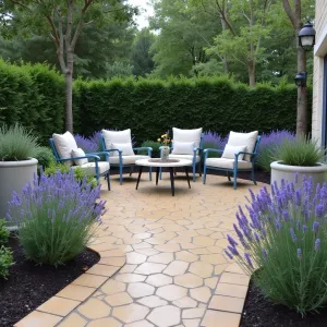 Lavender Fields Forever - A hexagonal concrete patio with honey-colored finishing, surrounded by waves of French and English lavender. Integrated concrete herb planters contain rosemary and sage. Provençal-style metal furniture in soft blue with natural linen cushions. Vintage-inspired street lamps provide evening charm.