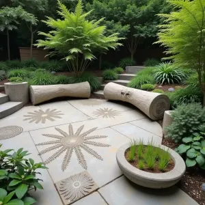 Living Fossil Garden - A concrete patio with authentic fossil imprints and prehistoric plant patterns. Ginkgo biloba and maidenhair ferns create a Jurassic atmosphere. Concrete benches shaped like fallen logs with fern imprints. Stone bowls with horsetail reed and moss gardens.