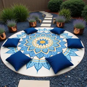 Mandala Morning Terrace - A circular concrete patio featuring an intricate hand-painted mandala design in shades of blue and gold. Russian sage and blue fescue grass create a harmonious border, while copper planters hold drought-resistant lavender. Meditation-style floor cushions in deep indigo provide comfortable seating around a central painted lotus motif.