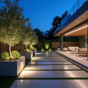 Manhattan Sky Terrace - A high-end polished concrete patio with stainless steel inlays. Containerized olive trees and structural boxwoods in massive rectangular planters. Glass windbreaks with frosted patterns protect modern lounge furniture. Built-in LED strip lighting creates nighttime drama.