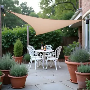 Mediterranean Budget Courtyard - A basic concrete patio enhanced with terracotta pots of varying sizes containing rosemary and lavender. Simple wrought iron furniture painted in crisp white, with a sail shade overhead. Recycled wine bottle tealight holders create evening ambiance.