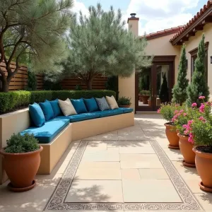 Mediterranean Olive Court - A sand-colored concrete patio with classical Mediterranean patterns stamped in borders. Potted olive trees and cyprus create traditional atmosphere. Built-in concrete banquette seating with cerulean blue cushions. Terracotta planters filled with aromatic herbs and bougainvillea.