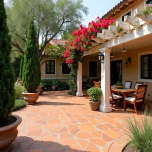 Mediterranean Stamped Concrete Terrace - A warm-toned stamped concrete patio with terracotta-inspired patterns, Mediterranean cypress trees in stone planters, and climbing bougainvillea on white pergola. Rustic wooden furniture and iron lanterns create an inviting atmosphere.