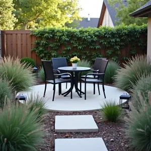 Minimalist Morning Coffee Corner - A small circular concrete patio with simple broomed finish, embraced by ornamental grasses and Russian sage. Basic metal bistro set painted matte black, with DIY concrete stepping stones leading to the space. Solar-powered lanterns provide evening ambiance.