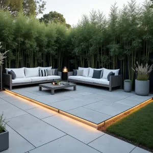 Modern Geometric Concrete Patio - A sleek concrete patio with geometric patterns, surrounded by tall ornamental grasses and black bamboo. Modern outdoor furniture in grey and white, with built-in LED lighting strips along the edges. Minimalist concrete planters with succulents.