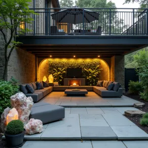 Modern Grotto Retreat - A sophisticated concrete patio under deck design featuring a cave-like atmosphere with indirect lighting. Shade-loving painted ferns and climbing fig create living walls while illuminated quartz specimens add natural drama. Streamlined concrete seating with integrated storage and charcoal cushions complements the modern grotto theme.