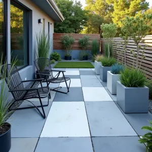 Modern Pixel Garden - A contemporary concrete patio painted with a pixelated gradient pattern in grays, whites, and blues. New Zealand flax and blue chalk sticks provide architectural plant interest, while painted concrete cube planters continue the pixel theme. Minimalist metal furniture in matte black offers striking contrast.