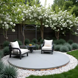 Moonlight Meditation Corner - A circular concrete patio with white pebble border inlay. White flowering jasmine climbs simple steel trellises, while silver artemisia and lamb's ear create soft textural borders. Basic metal meditation chairs in matte black finish with cream cushions. White LED strip lighting embedded in concrete creates a subtle glow.