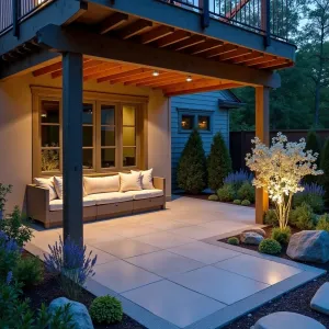 Moonlight Meditation Space - A serene concrete patio beneath a deck, featuring light-reflecting aggregates that shimmer in moonlight. White flowering jasmine climbs support posts while silver artemisia borders create ethereal edges. Built-in concrete seating with heated elements and cream cushions provides year-round comfort. Illuminated zen rock garden adds peaceful ambiance.