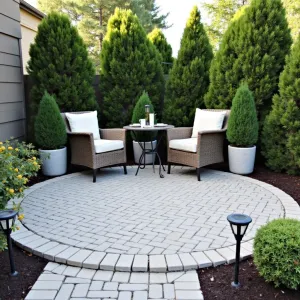 Morning Coffee Nook - A small round concrete patio with simple basket weave texture. Compact evergreen shrubs in concrete planters provide year-round structure. Basic rattan bistro set with weather-resistant cushions. Solar-powered path lights mark the entrance.