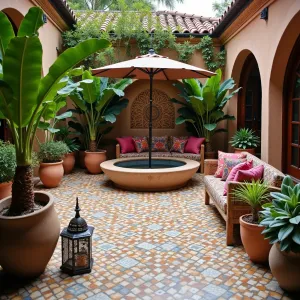 Moroccan Sunset Oasis - A stamped concrete patio with intricate Moorish patterns and jewel-toned staining. Potted date palms and birds of paradise create exotic drama. Mosaic-tiled concrete benches with colorful kilim cushions. Pierced metal lanterns cast intricate shadows.