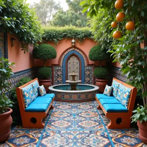 Moroccan Tile Dream - A concrete patio hand-painted to replicate traditional Moroccan tiles in rich blues, terracotta, and gold. Potted citrus trees and star jasmine create Mediterranean atmosphere, while painted concrete benches feature matching patterns and jewel-toned cushions. Brass lanterns and a painted fountain complete the exotic scene.