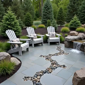 Mountain Stream Terrace - A gray-toned concrete patio with embedded river rocks creating a stream-like pattern. Dwarf evergreens and ornamental grasses frame the space. Built-in concrete water channel with multiple small waterfalls. Adirondack-style concrete chairs with mountain-inspired cushions.