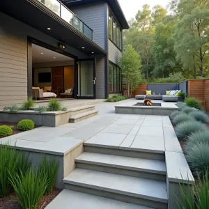 Multi-level Concrete Entertainment Area - A sophisticated multi-level concrete patio with built-in seating and fire pit. Stained concrete steps connect different levels, with Mexican feather grass and blue fescue creating soft transitions. Modern steel planters with architectural plants.