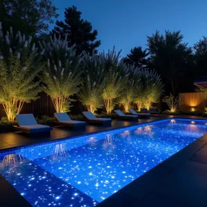 Night Sky Pool Edge - A dark polished concrete patio bordering an infinity pool, embedded with phosphorescent stones creating a starry night effect. Black bamboo and white flowering moonflower vines create dramatic contrast. Floating concrete loungers with LED underlighting. Mirrored steel sculptures reflect water and sky.