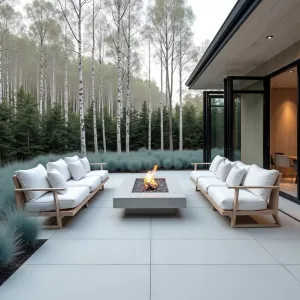 Nordic Frost Garden Lounge - A light-colored brushed concrete patio with integrated heating elements. Scandinavian-style furniture in pale woods and white metals. Silver-blue festuca grass and white birch trees create a cool, Nordic atmosphere. Geometric concrete fire table with glass windscreen.