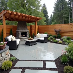 Northwest Contemporary Concrete Design - A heated concrete patio with built-in drainage system, surrounded by native Pacific Northwest plantings. Natural stone accents and cedar privacy screens. Modern outdoor sectional with covered pergola and outdoor fireplace.