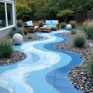 Ocean Wave Terrace - A flowing concrete patio painted with abstract wave patterns in various shades of blue and white. Blue oat grass and coastal rosemary create movement in the border, while painted concrete orbs contain trailing silver dichondra. Weathered teak furniture with maritime blue cushions completes the coastal theme.