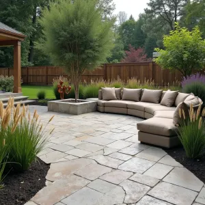 Prairie Wind Dancing - A textured concrete patio with grassland-inspired relief patterns. Dramatic switchgrass and purple fountain grass create dynamic movement. Custom concrete wind sculptures with copper elements. Low-profile seating in natural textures with earth-toned cushions.