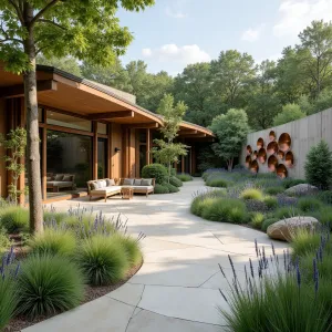 Prairie Wind Symphony - A sweeping concrete patio with wind-carved texture and built-in wind chimes. Switchgrass and little bluestem create natural music in the breeze. Curved concrete sound walls amplify natural wind songs. Copper wind sculptures provide visual rhythm.