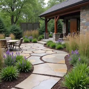 Prairie Wind Terrace - A stamped concrete patio with windswept grass patterns and earth-toned variations. Switchgrass and purple coneflowers create natural prairie movement. Custom concrete wind sculptures and cor-ten steel screens. Low-slung outdoor furniture in natural hemp.