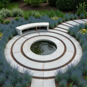 Rain Dance Plaza - A circular concrete patio with integrated rainfall collection channels creating concentric rings. Blue oat grass and rain lilies border the edges, while a central concrete rain basin becomes a reflecting pool. Simple curved concrete benches with copper accents. Solar-powered ground lighting follows the circular pattern.