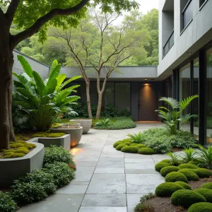 Rain Forest Mist Haven - A multi-textured concrete patio with embedded moisture sensors controlling mist features. Tree ferns and bromeliads create lush canopy while moss gardens fill concrete crevices. Curved concrete seating with living moss cushions. Glass cylinder light features create raindrop effects.