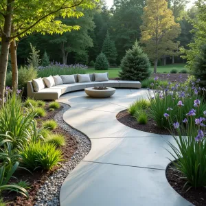 Rain Garden Edge - A curved concrete patio designed with integrated rain garden border. Native sedges, rush, and iris create a natural transition to the garden. Simple concrete bench seating with water-resistant cushions. Recycled glass aggregate in the concrete catches morning light.