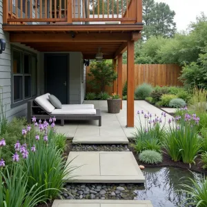 Rain Garden Sanctuary - An innovative concrete patio under deck space with integrated rainwater collection channels leading to a rain garden. Native sedges, rushes, and iris create a natural transition while purple coneflowers add color. Permeable concrete sections allow water flow while comfortable lounge seating in weatherproof materials provides dry seating.