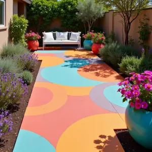 Rainbow Garden Path - A vibrant concrete patio hand-painted with intersecting circular patterns in sunset colors of coral, amber, and turquoise. Mexican sage and purple verbena create flowing borders, while painted concrete spheres double as planters for trailing lantana. Modern metal seating in crisp white provides contrast against the colorful base.