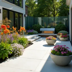 Rainbow Prism Court - A white concrete patio incorporating prism glass elements that cast rainbow reflections. Flowers in spectrum colors including delphiniums, marigolds, and salvias create living rainbows. Crystal-shaped concrete planters with colorful succulents. Glass panel privacy screens continue the light play.