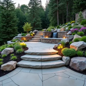 Rock Garden Cascade - A tiered concrete patio with cascading levels connected by natural stone steps. Alpine rock garden plants nestle between levels, featuring sedum, creeping phlox, and dwarf conifers. Built-in concrete seating with waterfall-inspired water feature. Illuminated granite boulders mark corners.